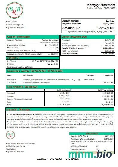 Burundi Bank Republiki Burundi wyciąg z kredytu hipotecznego szablon Word i PDF